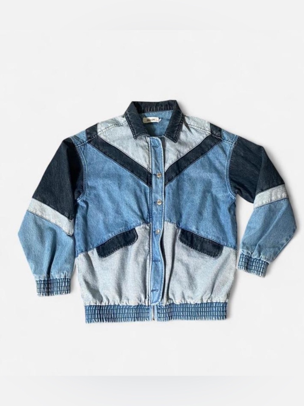 Retro Streetwear Chevron Colorblock Denim Bomber Jacket